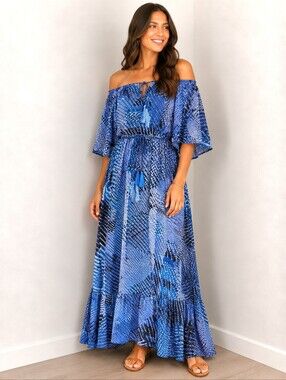SheIn Blue & Black Boho Geometric Print Off-Shoulder Maxi Dress, Sz XL